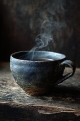 Steaming Cup of Coffee on Rustic Wooden Surface.