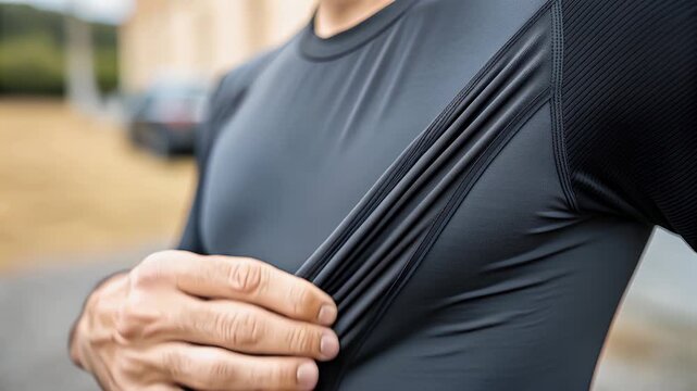 Athletic shirt compression stretch elasticity closeup fabric textile black short sleeve moisture wicking fit sport outdoor workout training exercise
