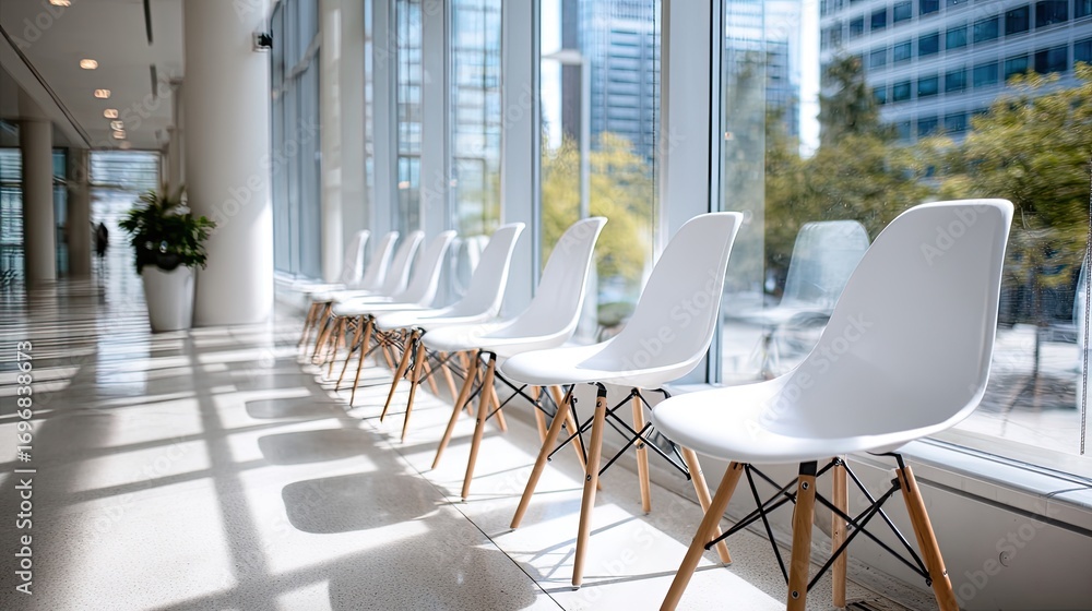Poster spacious waiting area with sleek chairs arranged for an inviting view, adorned with soft beige walls