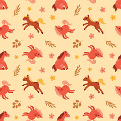 Cartoon Horse and Floral Seamless Pattern. Endless design for your design	