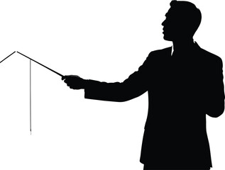 Obraz premium Silhouette of businessman in suit pointing with stick, professional presentation concept, corporate training, seminar, leadership, and business communication.