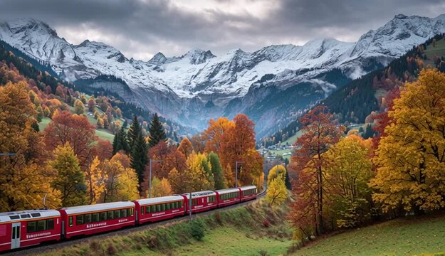 Red Express train passing through colorful autumn forest in the Swiss Alps, with dramatic clouds