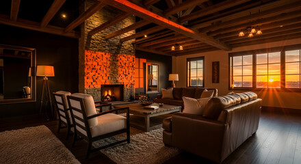 Naklejka premium Cozy Living Room With Sunset View: A Luxurious Retreat for Relaxation and Socializing