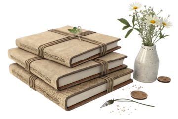 Stack of vintage books with decorative bindings and a vase of flowers