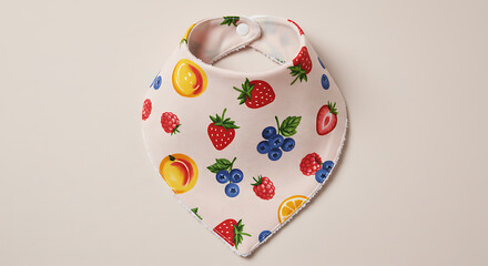 "Adorable baby bib with scalloped edge and fruit pattern close-up."