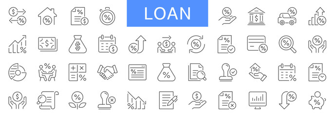 Loan thin line icons set. Credit rating, mortgage, interest rate editable stroke icon. Vector illustration