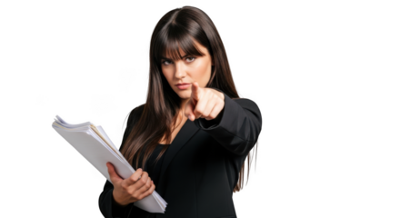 Young woman in black blazer points finger holding papers confidently transparent background