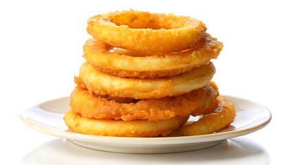 Stack of golden onion rings on white plate isolated on clean white background fried snack