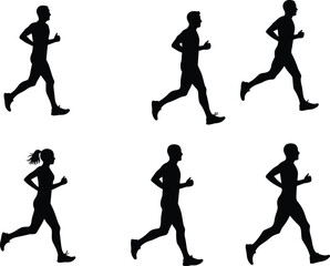 Running silhouettes, male and female runners, athletic motion, stride, posture, speed, exercise, fitness, movement, training, dynamic, sport, isolated, black figures, white background, action