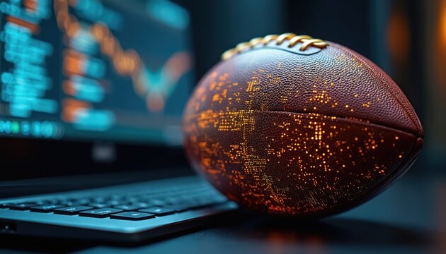 American football ball rests on laptop keyboard. Screen displays blurred stock market data charts, graphs. Digital technology merges with sports analytics for prediction, betting, fantasy games.