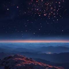 Naklejka premium A stunning night scene with starry sky over mountain peaks and city lights in distance