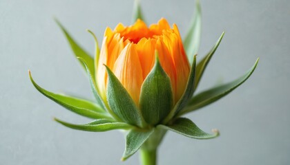 Close-up macro shot of vibrant orange flower bud unfurling. Green sepals, leaves frame delicate petals, hinting at spring growth. Isolated on soft grey background, botanical detail suggests natural