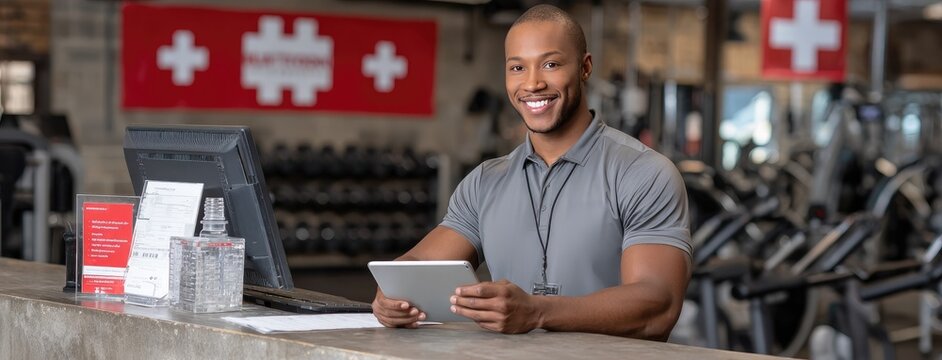 A fitness center receptionist helps a smiling member with digital cards while bright gym equipment decorates the background.