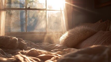 Sunlit Morning - A Cozy Bed Bathed in Golden Light.
