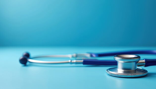Close-up shot metallic blue stethoscope against vibrant blue background. Medical equipment for healthcare professionals. Medical instrument for auscultation, listening to sounds within body, lung, - Powered by Adobe