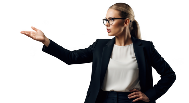 Professional woman presenting with open hand gesture towards the side transparent background
