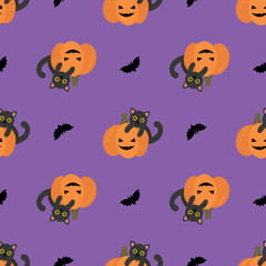 Seamless Halloween Pattern With Pumpkins and Cats. Endless textures for your design	
