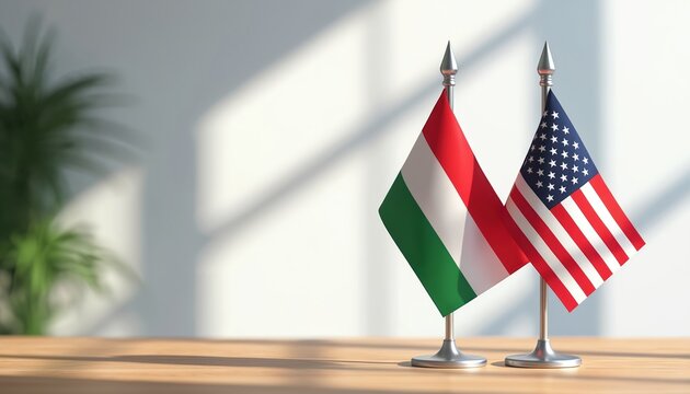 Hungary, USA flags on table representing international diplomacy, cooperation. Small flags symbolize national relations, patriotism, friendship between countries. Symbol of unity, support,
