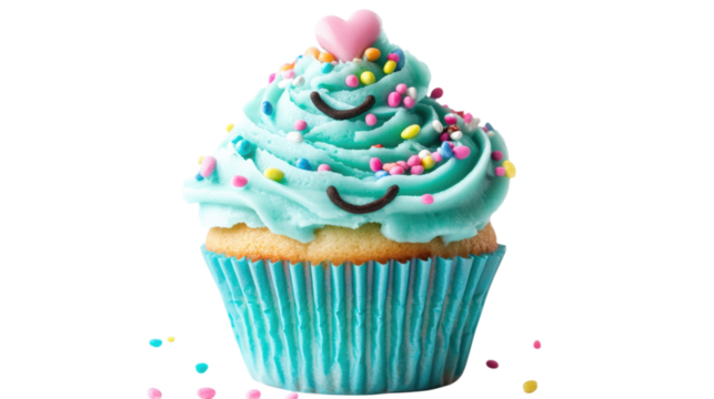 Blue Cupcake with Heart Sprinkles isolated on a Transparent or white Background