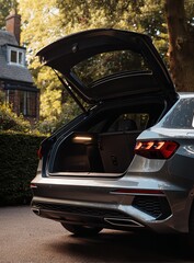 Fototapeta premium Open rear trunk door of modern car showing storage space and design details, parked outside with house and greenery in background, perfect for automotive advertising photography