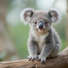 Naklejka premium A portrait of a young koala sitting on wood, showcasing soft fur, gentle eyes, natural.