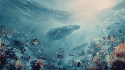 Fototapeta premium Double exposure ocean scenery with underwater marine life and sea creatures in a surreal aquatic background