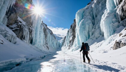 A mountaineer trekking through a frozen canyon surrounded by towering walls of ice and snow.