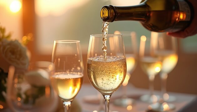 Pouring white wine into elegant glasses, creating festive bubbles. Close-up detail shows celebration, possibly wedding romantic dinner. Soft bokeh background enhances luxurious fine dining atmosphere.