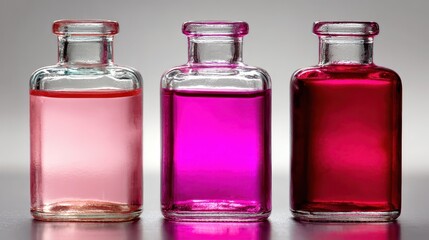 Three glass bottles filled with colorful liquids on a reflective surface.