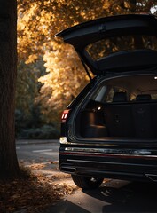 Fototapeta premium Open rear trunk door of modern car showing storage space and design details, parked outside with house and greenery in background, perfect for automotive advertising photography