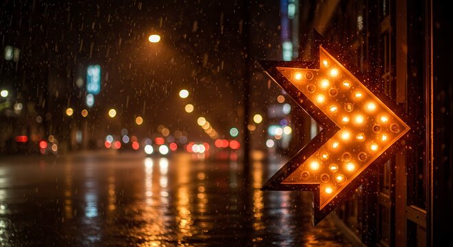 Glowing vintage marquee arrow in rainy city bokeh with left-side negative space for a call-to-action and SEO taglines; cinematic urban background for wayfinding, retail, and promotional campaigns.