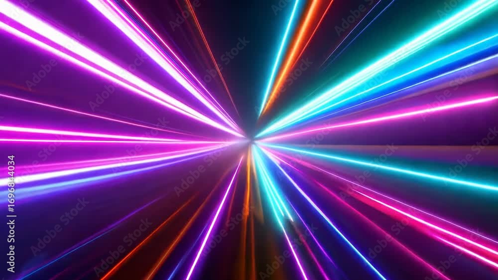 Poster dynamic video of colorful light streaks converging at a central point, creating a futuristic, high-s
