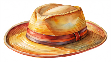 Watercolor illustration of a straw fedora hat isolated on transparent background