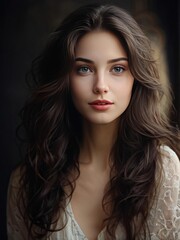 Fototapeta premium A young woman with expressive eyes and voluminous hair poses elegantly against a dark background