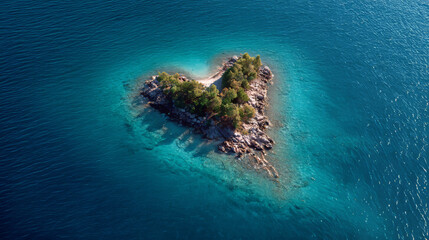 Heart shaped island surrounded by turquoise ocean waters, aerial tropical landscape.