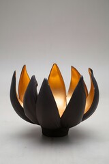Illuminated lotus flower candle holder with a golden glow and dark outer petals