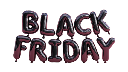 Black Friday sale banner with glossy balloons and festive decoration isolated on white background for shopping promotion and discount advertisement