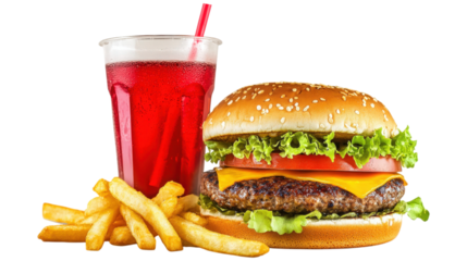 Burger Fast Food Meal Drink Fries Unhealthy Lunch isolated on a Transparent or white Background