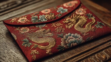 Red chinese envelope with embroidered gold dragons and floral designs resting on rustic wooden surface