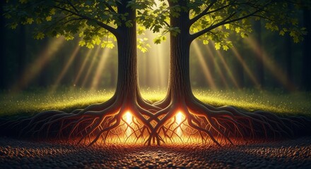 Two majestic trees with intertwined roots bask in golden sunlight, creating a serene and magical atmosphere in a lush forest setting.