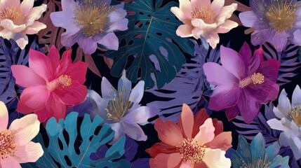Vibrant Tropical Flowers and Lush Leaves.