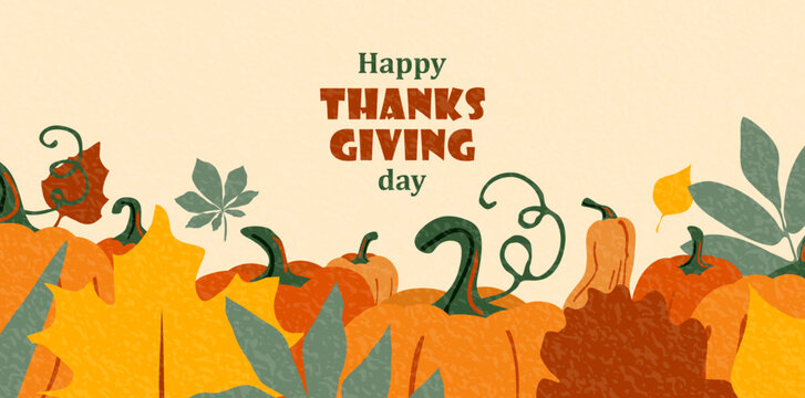 Thanksgiving vector background with autumn leaves and pumpkins. American holiday greeting colorful banner with textured effect. Modern flat warm thankful design for promotion, sale, discount graphic