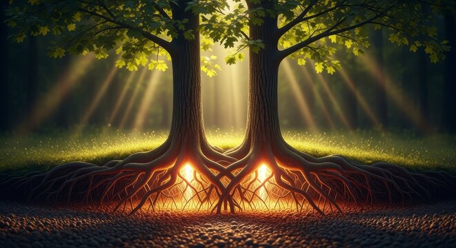 Two majestic trees with intertwined roots bask in golden sunlight, creating a serene and magical atmosphere in a lush forest setting.