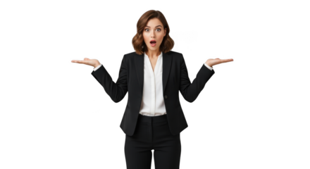 Surprised businesswoman with open palms gesture transparent background