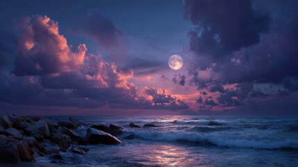 Full moon rising over ocean horizon with colorful twilight clouds and sunset glow