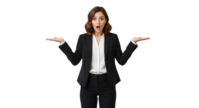 Surprised businesswoman with open palms gesture transparent background