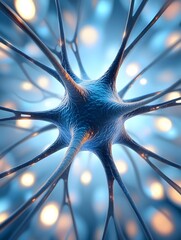 Neural network connection with blue background and orange lights in the background