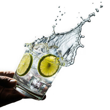Dynamic refreshing gin and tonic splash captured in motion with lime slices and ice transparent background