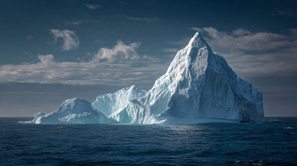 Large iceberg drifting in the open sea under blue sky