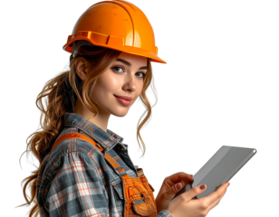 Firefly_Female construction worker using a tablet, isolated on a transparent background. PNG